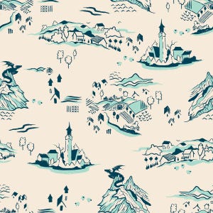 May include: A seamless pattern featuring a cream background with dark teal and light blue illustrations of a fantasy landscape. The design includes mountains, small houses, trees, sheep, winding rivers, and dragons perched on mountain peaks.