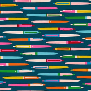 May include: A pattern of colorful pens in various shades of pink, blue, yellow, and orange on a dark teal background. The pens have different colored caps and accents, with some featuring a star design. The pens are scattered across the surface.