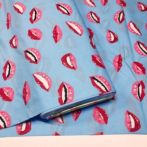 1 Yard Alexander Henry Girl Talk Red Lips On Blue Cotton Fabric