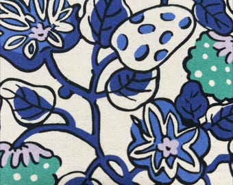 1 Yard Botanical Fruit Canvas Fabric in Natural/Blue- Cotton Linen Blend by Cotton Kobayashi