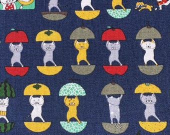 1 Yard Fruit Cats Canvas Fabric in Indigo- Cotton Linen Blend by Cotton Kobayashi