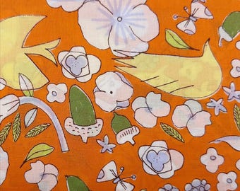 1 Yard Birds, Acorns, and Flowers Cotton Lawn Fabric by Hokkoh, Orange, Imported from Japan