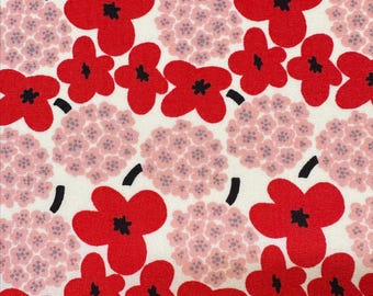 1 Yard Medium Red and Pink Flowers Broadcloth Cotton Fabric by Cotton Kobayashi