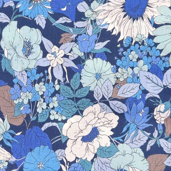 1 Yard Flownny I Floral Cotton Lawn Fabric by Kokka, NFA-1000-5F Dark Blue, Imported from Japan