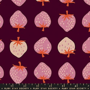 May include: A repeating pattern of stylized strawberries in shades of pink and cream with orange stems and leaves on a dark burgundy background. The design is reminiscent of a vintage print.