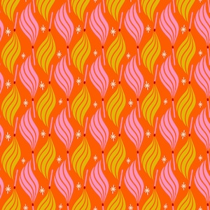 May include: A repeating pattern of stylized flames in pink and yellow on an orange background. Small white starbursts are scattered throughout the design. The flames have a retro, mid-century modern aesthetic.