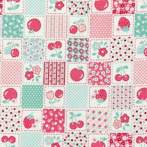 May include: A fabric pattern featuring a grid of squares with various designs including pink cherries, red strawberries, small flowers, teal polka dots, and vertical stripes in shades of pink, teal, and white, arranged in a repeating patchwork layout.