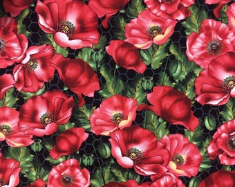 1 Yard Bloomin Poppies Henry Glass Red on Black Cotton Fabric Jan Mott