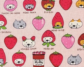 1 Yard Strawberry Cats Canvas Fabric in Pink - Cotton Linen Blend by Cotton Kobayashi