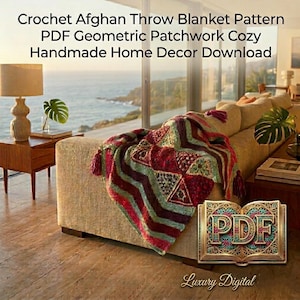 May include: A crochet afghan throw blanket with a geometric patchwork design in shades of red, green, and brown, featuring tassels. The text reads: Crochet Afghan Throw Blanket Pattern PDF Geometric Patchwork Cozy Handmade Home Decor Download.