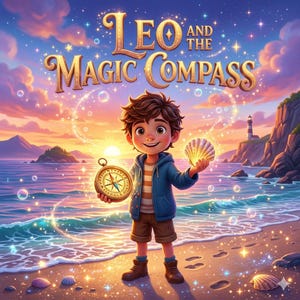 Op de afbeelding: Een geïllustreerde boekomslag met een jongen die een kompas en een gloeiende zeeschelp op een strand vasthoudt. De titel "Leo and the Magic Compass" staat in gouden letters tegen een zonsondergang met een vuurtoren.