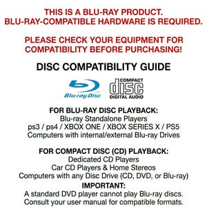 Pode incluir: Um gr&aacute;fico branco com texto sobre compatibilidade Blu-ray e CD. Apresenta logotipos "Blu-ray Disc" e "Compact Disc Digital Audio" e lista dispositivos de reprodu&ccedil;&atilde;o compat&iacute;veis, como players aut&ocirc;nomos, consoles de jogos e computadores.