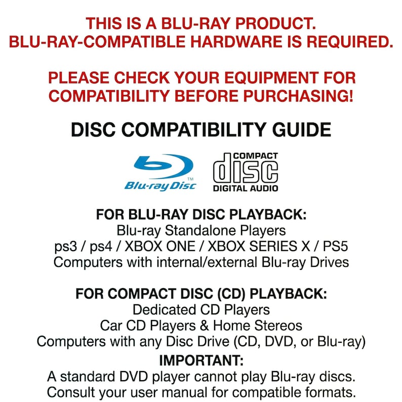 Pode incluir: Um gr&aacute;fico branco com texto sobre compatibilidade Blu-ray e CD. Apresenta logotipos "Blu-ray Disc" e "Compact Disc Digital Audio" e lista dispositivos de reprodu&ccedil;&atilde;o compat&iacute;veis, como players aut&ocirc;nomos, consoles de jogos e computadores.