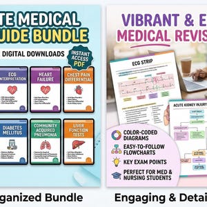 Peut inclure: L'image présente un ensemble de guides d'étude médicale et des notes de révision. L'ensemble comprend 10 téléchargements numériques couvrant des sujets tels que les troubles acido-basiques et le diabète. Les notes de révision présentent des diagrammes et des organigrammes en couleur. Le texte indique "Ultimate Medical Study Guide Bundle" et "Vibrant & Engaging Medical Revision Notes."