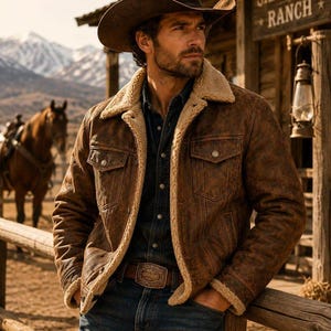 Chaqueta vaquera de piel de oveja, chaqueta vaquera marrón, chaqueta de rancho para hombre, chaqueta de cuero vintage, abrigo de invierno cálido