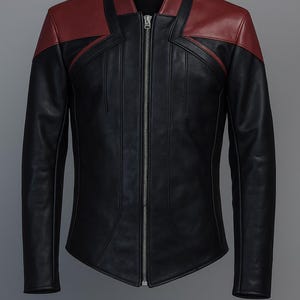 Kurtka Picarda z filmu Star The Trek – Mundur dowódcy Red Starfleet – Sezon 3, Cosplay kapitana Rikera – Wysokiej jakości czarno-czerwona skórzana kurtka