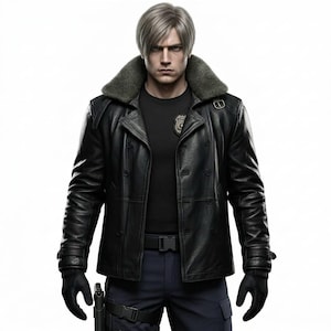 May include: A person wearing a black leather jacket with a fur collar, black gloves, and dark blue trousers. The jacket has a double-breasted design and a belt. A gun is visible on the person's leg. The person has short, grey hair.
