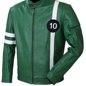 Green Leather Jacket with White Stripe and 10 Patch - Ben Classic 10 Inspired Alien Force Biker Jacket - Men's Superhero Costume Jumper