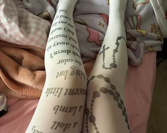 Gothic Rosary Print Tights: Y2K Emo Punk Letter Pantyhose, Alt Fashion Stockings