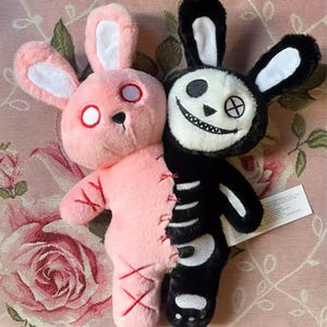 Double Headed Goth Bunny Plush: Split Pastel Pink and Skeleton Stuffed Animal (30cm)