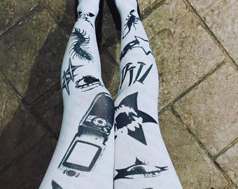 Y2K Graffiti Print Tights: Emo Punk Harajuku Alt Fashion White Pantyhose