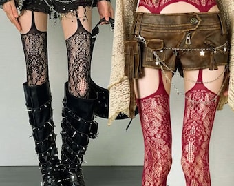 Medias de rejilla con encaje floral estilo gótico: medias altas con liguero para estilos punk y Y2K.