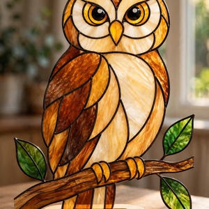 May include: A stained glass owl figure featuring amber, brown, and cream-colored glass panels with black lead lines. The owl is perched on a brown glass branch with green glass leaves, all mounted on a smooth, oval-shaped light wood base.