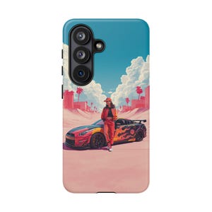 May include: A phone case featuring a vibrant illustration of a sports car with flame graphics, parked in a desert landscape. A person in a red outfit is leaning against the car. The background includes palm trees and a blue sky.
