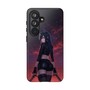 May include: Black phone case featuring an anime-style illustration of a woman with blue hair and cat ears, holding two swords. The background is a fiery red and black sky.