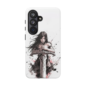 May include: White phone case featuring a watercolor illustration of a woman with long dark hair, holding a large sword. The artwork has black and red paint splatter effects, creating a dramatic and artistic design.