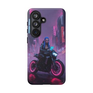 May include: A phone case featuring a futuristic illustration of a person with blue hair riding a black motorcycle with neon pink wheels. The background depicts a neon-lit cityscape with Japanese text.