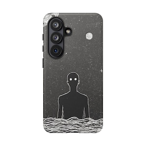 May include: Black phone case featuring a starry night design with a silhouetted figure in water. The case has a camera module at the top left and a moon graphic. The figure has glowing eyes.