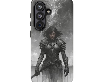Monochrome Warrior Girl Phone Case Knight Armor Fantasy Art Cover Unique Gift for Her and Gaming Fans Strong Female Character Decor
