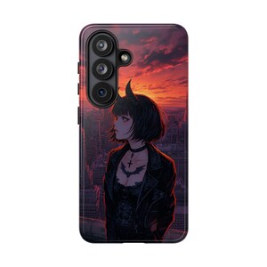 Demon Girl City Sunset Phone Case | Gothic Anime Rooftop Art Cover | Moody Crimson Skyline Tech Decor