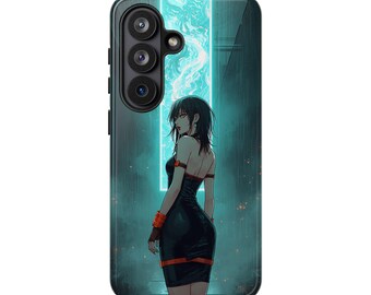Cyberpunk Anime Girl Phone Case | Glowing Cyan Portal Art Cover | Moody Rainy Alley Tech Decor | Unique Gift for Otaku and Fans
