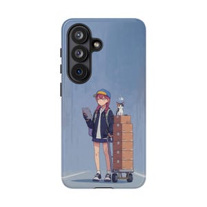 May include: A phone case with an anime-style illustration of a person with pink braids, wearing a blue cap and jacket, holding a tablet. They are pulling a cart with stacked cardboard boxes, and a cat sits on top. The background is a light blue.