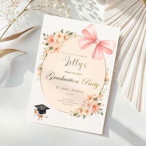 編集可能な卒業式招待状テンプレート、印刷可能なピンクのリボン付き卒業式招待状、女の子向け花柄卒業式招待状、カスタマイズ可能なモバイル電子招待状
