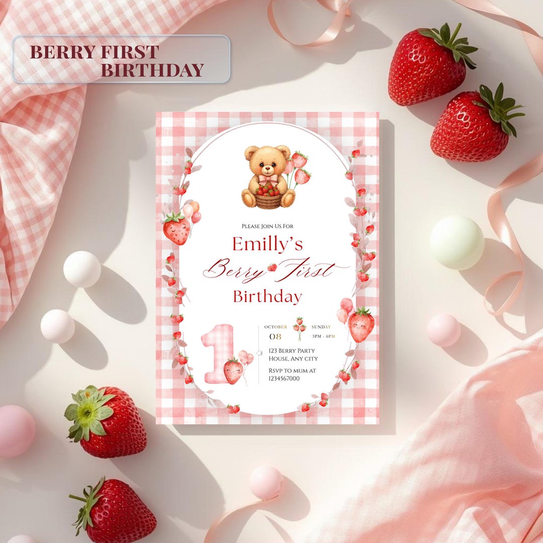 Editable Strawberry 1st Birthday Invitation Girl Berry First Birthday ...