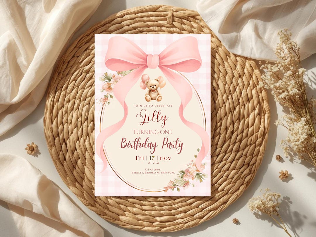 Teddy Bear First Birthday Invitation Template Girl Pink Bow 1st ...
