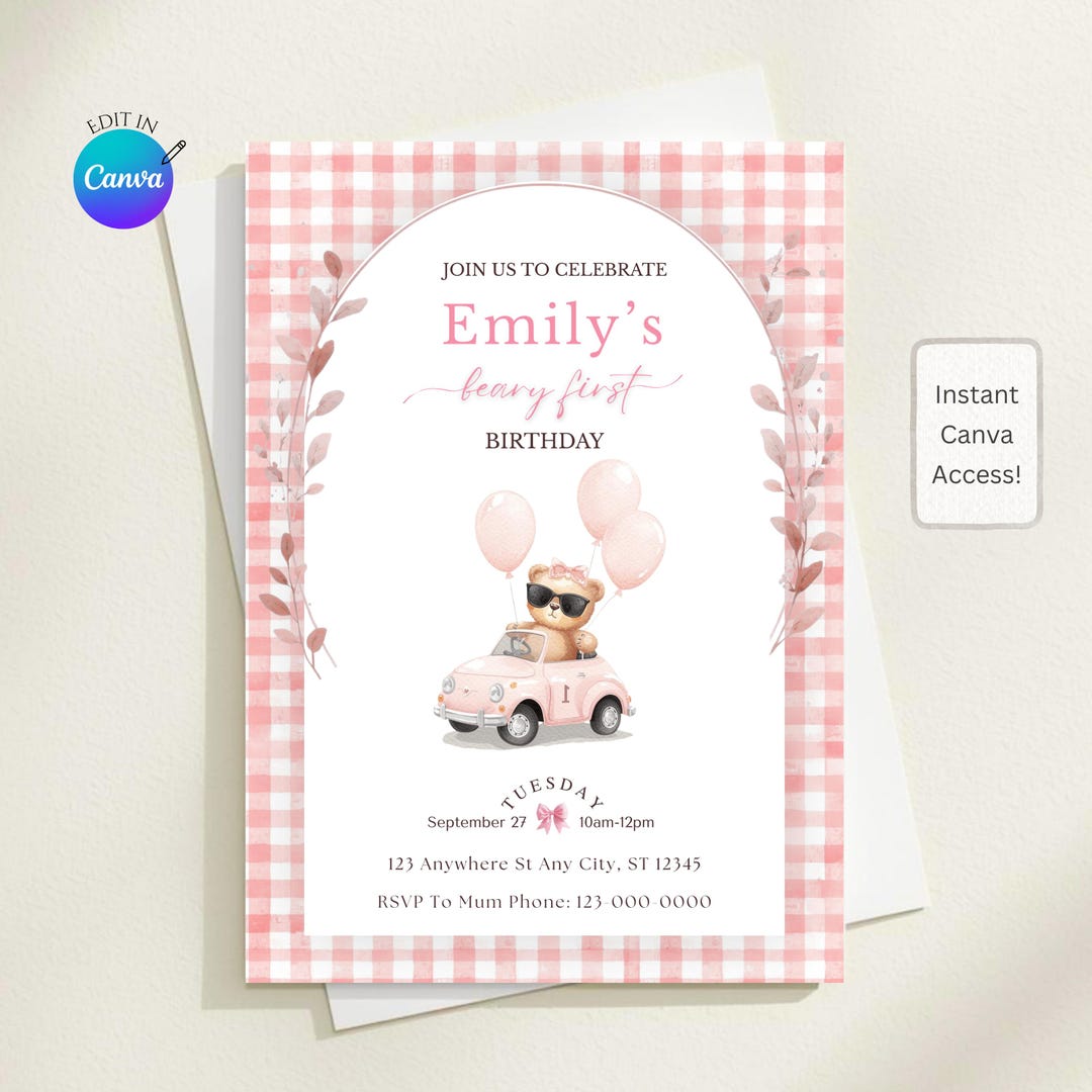 Beary First Birthday Invitation Template Editable Teddy Bear Girl 1st ...