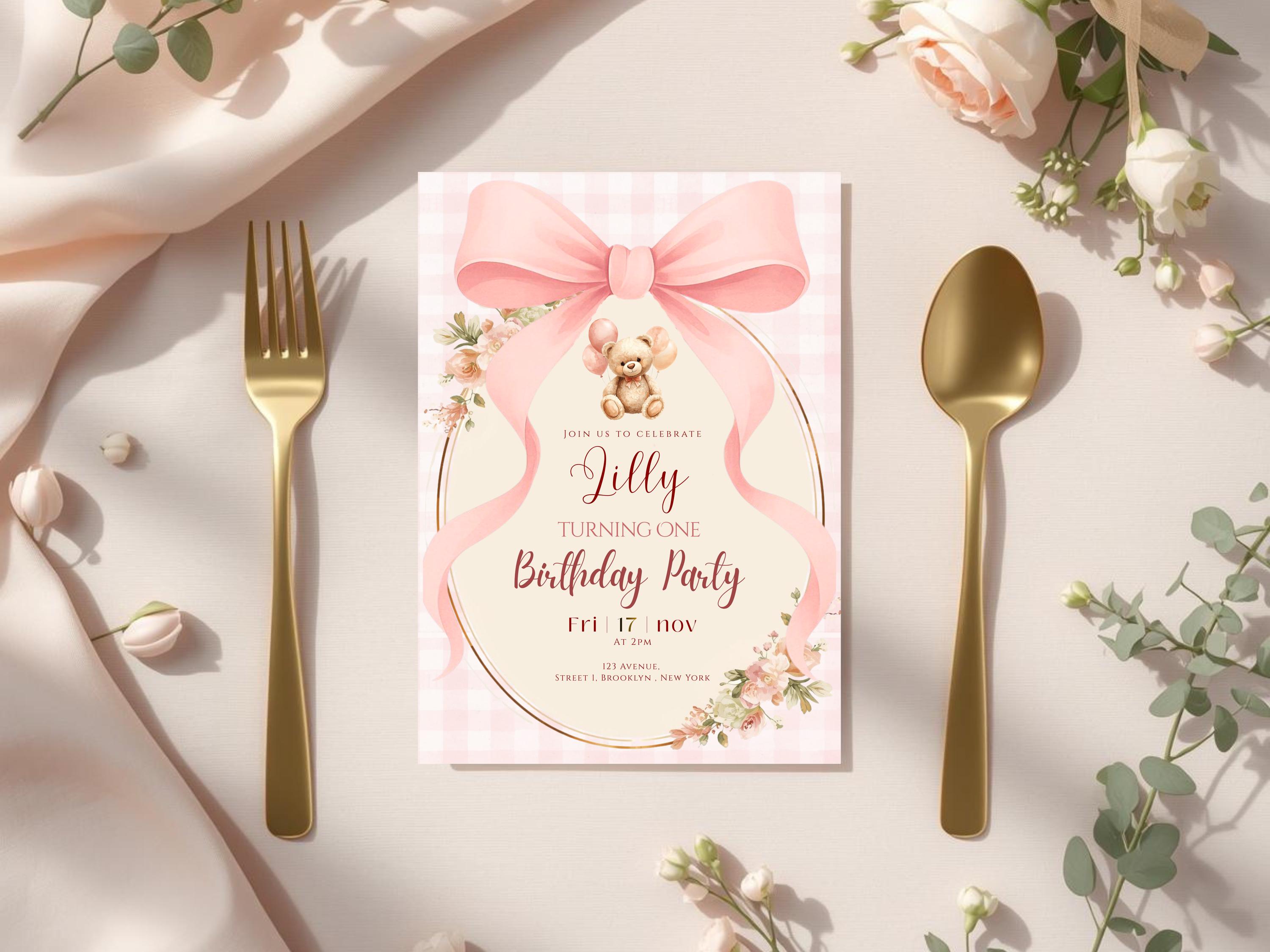 Teddy Bear First Birthday Invitation Template Girl Pink Bow 1st ...