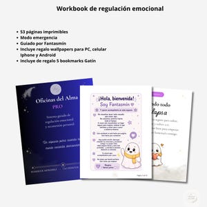 Puede incluir: Un cuaderno de trabajo para la regulación emocional titulado "Workbook de regulación emocional". La imagen muestra tres páginas con texto e ilustraciones. El cuaderno incluye 53 páginas imprimibles, modo de emergencia y fondos de pantalla para PC, móvil, iPhone y Android.
