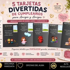 Puede incluir: Un conjunto de cinco tarjetas de cumpleaños imprimibles con texto humorístico en español e ilustraciones, incluyendo un personaje con globos azules, un diablo rojo, dos niños y un carpincho con un pastel, sobre un fondo claro con iconos.