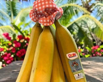 Protector de racimo de plátanos, cubierta elástica para alimentos, mantiene los plátanos frescos, cuadros vichy naranjas