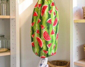 Soporte para bolsas de plástico de algodón con diseño de sandía: Almacenamiento colgante para comestibles, cocina, organización, verano, melón, semillas