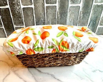 Bread basket cover, food storage, fabric lid, reusable plastic wrap, oranges, bowl cover