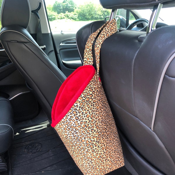 Cheetah print, travel trash can, car trash bag, animal print, reusable trash bag, hanging, washable, clean car, Leopard