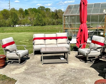 Outdoor furniture wind straps, wrap, anchor, wind ties, bands, tie downs for high winds, for couch, sofa, solid red