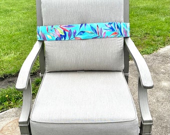 Outdoor furniture wind straps, anchor, wind ties, bands, tie downs for high winds, couch, sofa, solid red, reversible, teal  blue palm