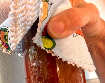 Pinza para frascos, abridor, para personas con manos débiles o artritis, estampado con temática de aperitivos.